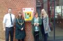 Michael Court, of St George's Theatre, the mayor Kerry Robinson-Payne, Jayne Biggs and Zoe Knell from Halifax at the unveiling of the defibrillator.Picture: David De'ath