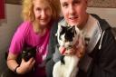 Purdy the rescue cat has been hailed a hero after saving Twinkle (black cat). Owern Weny Moore with her son RobinPHOTO: Nick Butcher