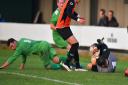 Gorleston, green, in FA Vase action on Saturday. Picture: NICK BUTCHER