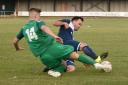 Gorleston's Dino Tabakovic gets a tackle in during Saturday's 1-1 draw with Hadleigh Picture: DAVID HARDY