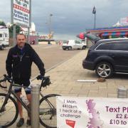 Richard Brash arrives in Great Yarmouth after a 116km bike ride as part of his Coastline Challenge