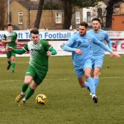 Gorleston's Jamie North takes on the Brentwood Town defence