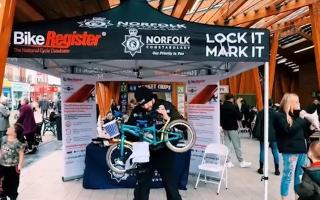 A police officer marks a bike at a registration event at Great Yarmouth marketplace on February 17.